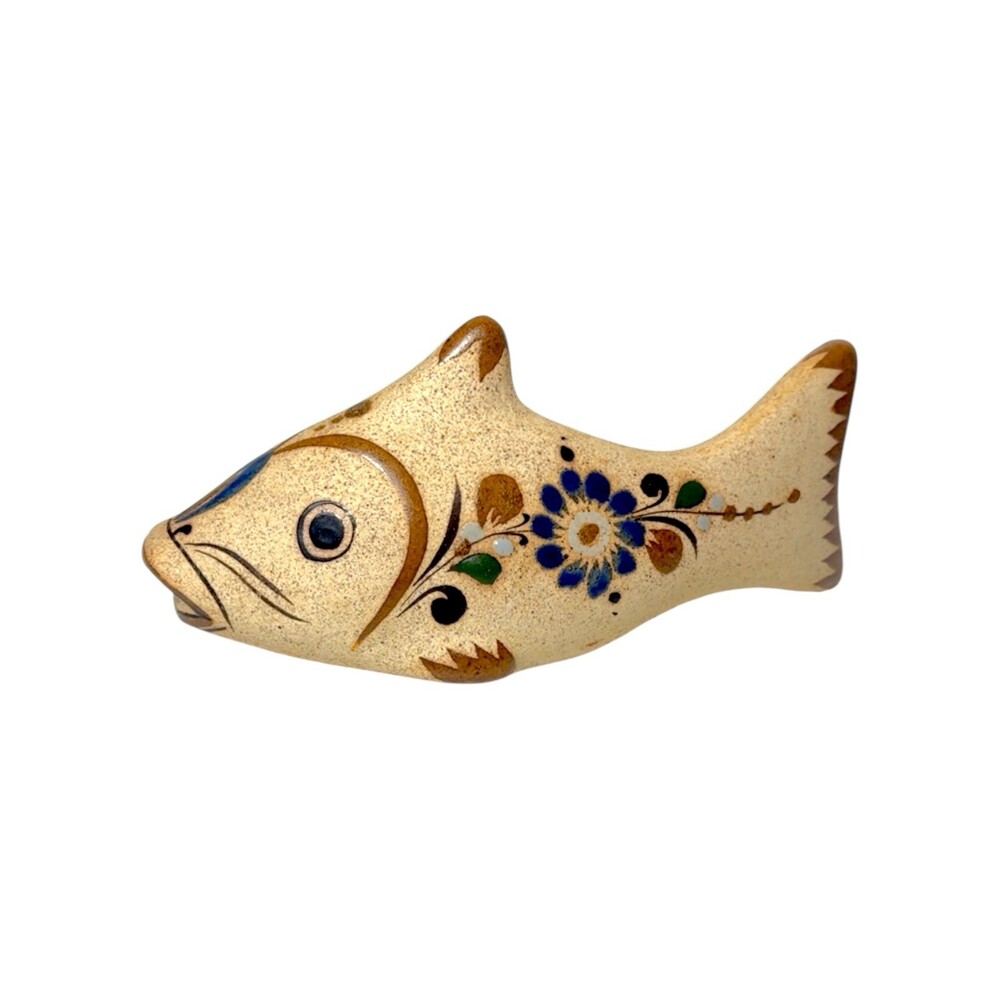 Vintage Mexican Folk Art Pottery Fish Figurine Hand Painted Floral Foliage